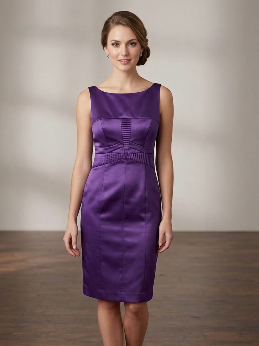 Dress Barn Collection Purple Sleeveless Satin Cocktail Sheath Dress Pleated Sz 4